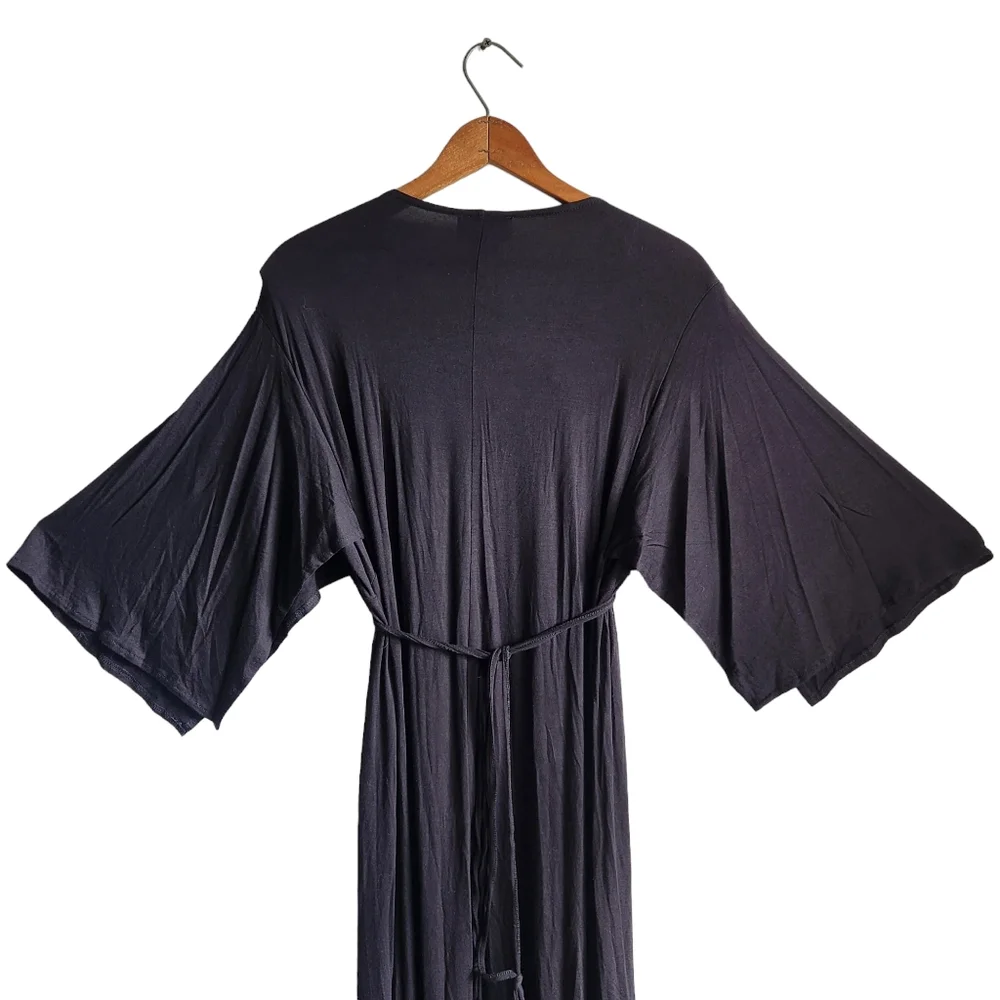 IMAN Beaded Neckline Maxi Dress Black Open Sleeve Size Med Tall NEW